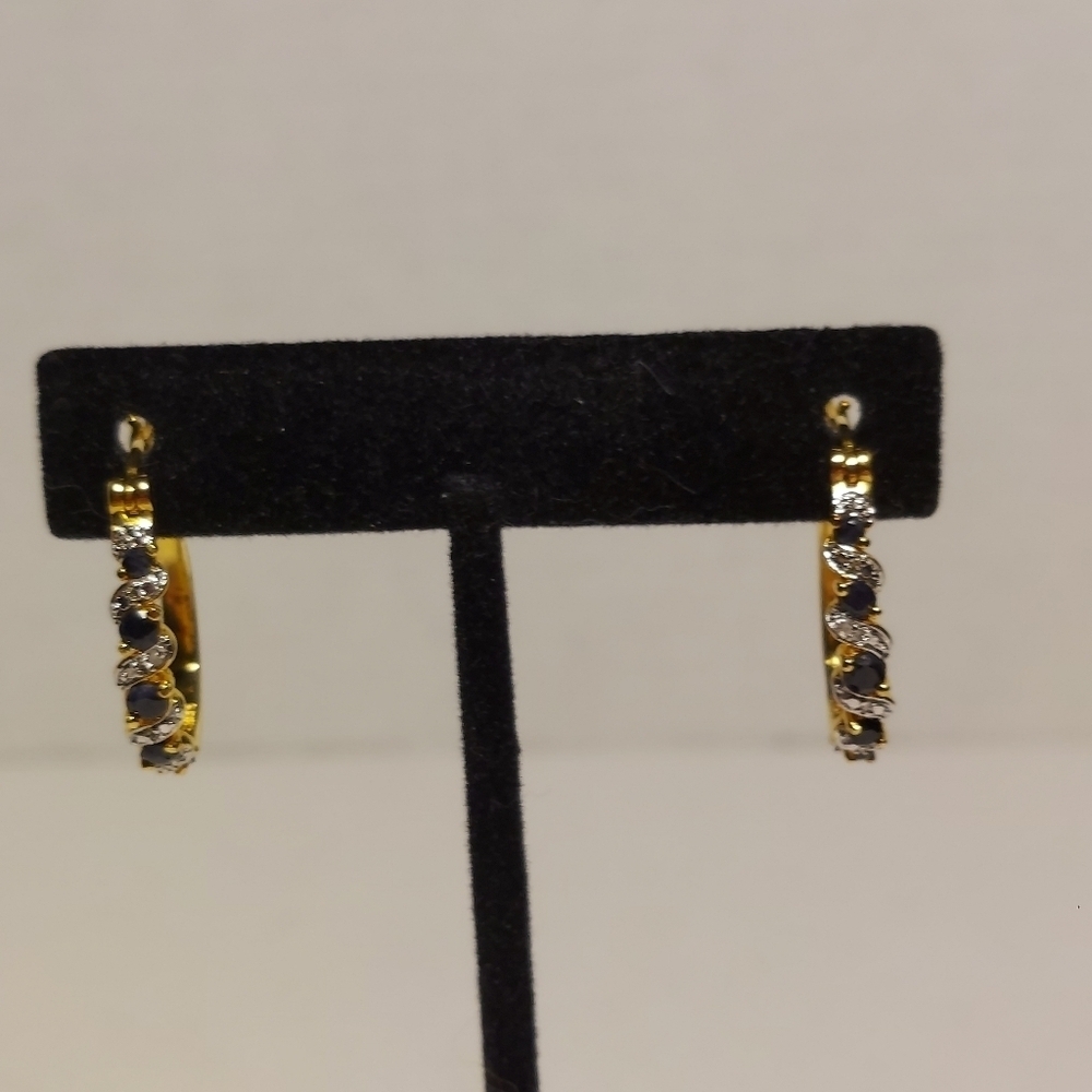 PAJ BB China Gold Tone Black & Clear Stones Accented Signed Hoop Earrings